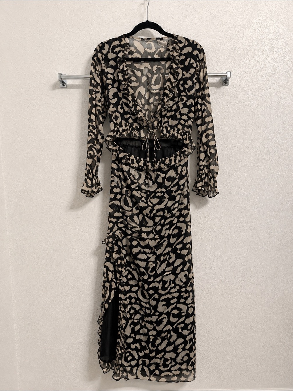 Zara Leopard Print Ruffle Midi Dress Black Beige